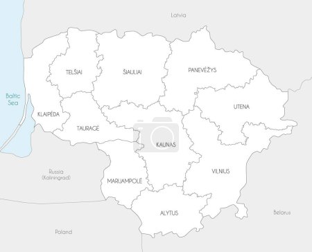 Mapa regional vectorial de Lituania con condados y divisiones administrativas, y países y territorios vecinos. Capas editables y claramente etiquetadas.