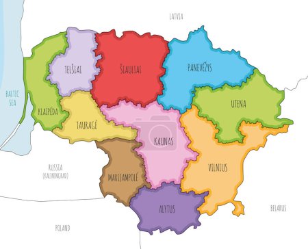 Vector a illustré la carte régionale de la Lituanie avec les comtés et les divisions administratives, ainsi que les pays et territoires voisins. Couches modifiables et clairement étiquetées.