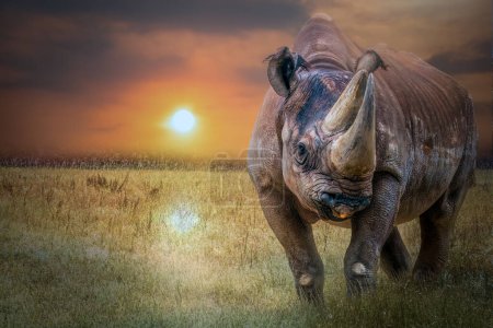 Photo for Close-up of a rhinoceros standing in a grass field at sunset - Royalty Free Image