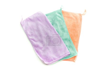 New, kitchen, absorbent, colorful microfibre towels on white background close-up