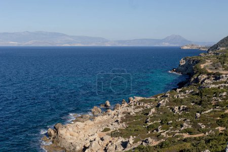 Panoramic view of the sea and mountains on a sunny, winter day (Loutraki-Perachora, Greece)