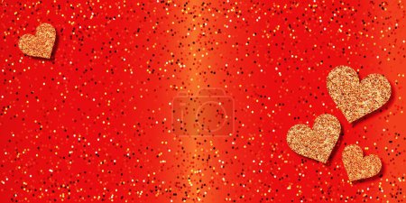 Ilustración de Happy Valentines Day greeting card with gold glittering hearts pattern on red background. Vector banner, flyer, poster template. . Vector illustration - Imagen libre de derechos