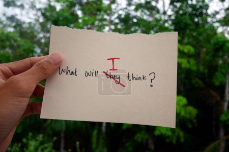 Photo for Handwritten text messages WHAT WILL THEY THINK? replacing THEM with I, the concept of believing in your own abilities without having to think about what other people say - Royalty Free Image