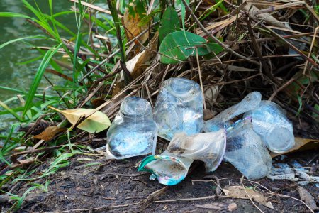 Los residuos de bebidas plásticas se tiran en la orilla del río, los residuos plásticos en el bosque. Concepto de ecología, limpieza ambiental, ambiente sucio.