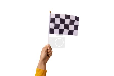 Photo for Checkered flag in hand  isolated on white background - Royalty Free Image