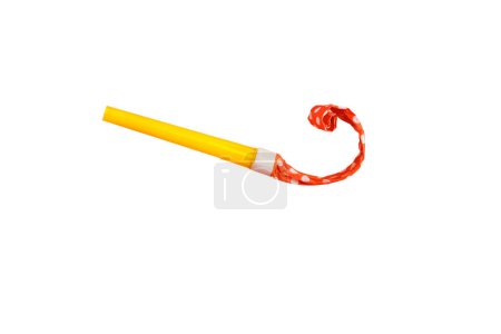 Photo for Levitating whistle isolated on white background, birthday celebration and party concept - Royalty Free Image