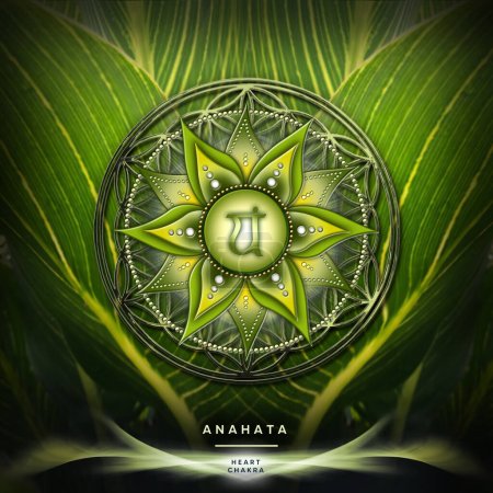 Téléchargez les photos : HEART CHAKRA (4. Chakra, Anahata) on mystical Flower of Life background. Beautiful wall decor for kinesiology practitioners, massage therapists, reiki healers, yoga studios or your meditation space. - en image libre de droit