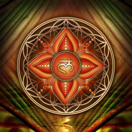 Foto de ROOT CHAKRA (1. Chakra, Muladhara) on mystical Flower of Life background. Beautiful wall decor for kinesiology practitioners, massage therapists, reiki healers, yoga studios or your meditation space. - Imagen libre de derechos