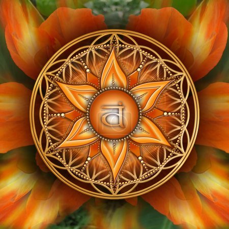 Photo for SACRAL CHAKRA (2. Chakra, Svadhisthana) on mystical Flower of Life background. Beautiful wall decor for kinesiology practitioners, massage therapists, reiki healers, yoga studios or your meditation space. - Royalty Free Image