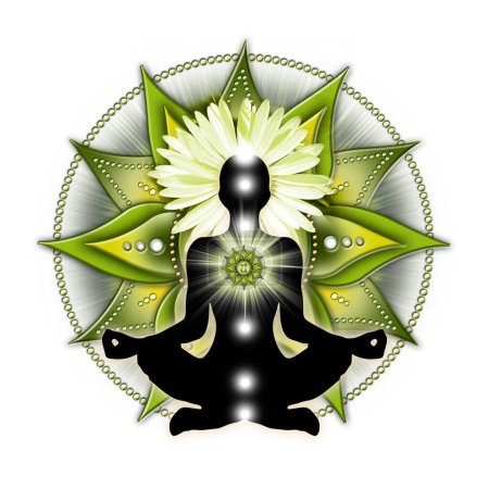 Foto de Heart chakra meditation in yoga lotus pose, in front of anahata chakra symbol and calming, green ferns. Peaceful poster for meditation and chakra energy healing. - Imagen libre de derechos