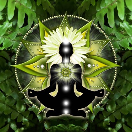 Herzchakra-Meditation in Yoga-Lotus-Pose, vor dem Anahata-Chakra-Symbol und beruhigenden, grünen Farnen. Friedliches Plakat für Meditation und Chakra-Energieheilung.
