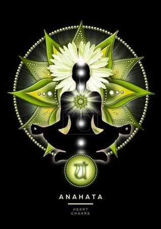 Foto de Heart chakra meditation in yoga lotus pose, in front of anahata chakra symbol and calming, green ferns. Peaceful poster for meditation and chakra energy healing. - Imagen libre de derechos
