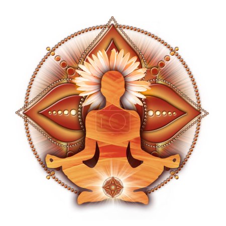 Foto de La meditación del chakra raíz en la pose de loto de yoga, frente al símbolo del chakra muladhara. Decoración pacífica para la meditación y la curación de la energía del chakra. - Imagen libre de derechos