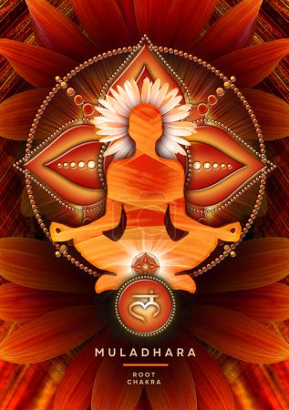 Foto de La meditación del chakra raíz en la postura del loto del yoga, delante del símbolo del chakra del muladhara y de la flor floreciente del jardín de la gazania. Decoración pacífica para la meditación y la curación de la energía del chakra. - Imagen libre de derechos