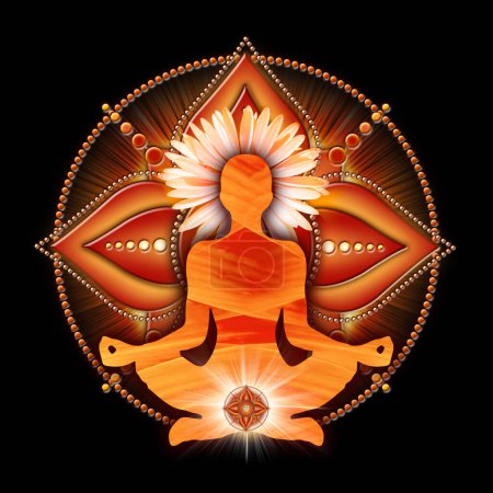 Photo for Root chakra meditation in yoga lotus pose, in front of muladhara chakra symbol. Peaceful decor for meditation and chakra energy healing. - Royalty Free Image