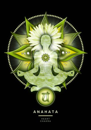 Foto de Meditación del chakra del corazón en la pose del loto del yoga, delante del símbolo del chakra del anahata. Decoración pacífica para la meditación y la curación de la energía del chakra. - Imagen libre de derechos