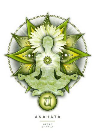 Foto de Meditación del chakra del corazón en la pose del loto del yoga, delante del símbolo del chakra del anahata. Decoración pacífica para la meditación y la curación de la energía del chakra. - Imagen libre de derechos