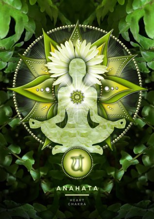 Foto de Meditación del chakra del corazón en la pose del loto del yoga, delante del símbolo del chakra del anahata y helechos calmantes, verdes. Decoración pacífica para la meditación y la curación de la energía del chakra. - Imagen libre de derechos