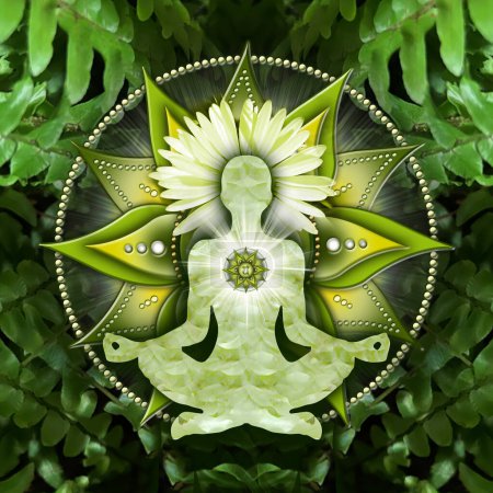 Foto de Meditación del chakra del corazón en la pose del loto del yoga, delante del símbolo del chakra del anahata y helechos calmantes, verdes. Decoración pacífica para la meditación y la curación de la energía del chakra. - Imagen libre de derechos