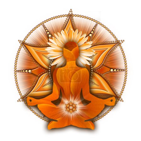 Sacral chakra meditation in yoga lotus pose, in front of svadhisthana chakra symbol. Peaceful decor for meditation and chakra energy healing.