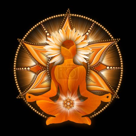 Sakrale Chakra-Meditation in Yoga-Lotus-Pose, vor dem Svadhisthana Chakra-Symbol. Friedliches Dekor für Meditation und Chakra-Energieheilung.
