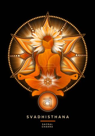 Photo for Sacral chakra meditation in yoga lotus pose, in front of svadhisthana chakra symbol. Peaceful decor for meditation and chakra energy healing. - Royalty Free Image
