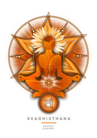 Foto de La meditación sacra del chakra en la pose del loto del yoga, delante del símbolo del chakra del svadhisthana. Decoración pacífica para la meditación y la curación de la energía del chakra. - Imagen libre de derechos