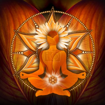 Téléchargez les photos : Méditation du chakra sacré dans la pose du lotus du yoga, devant le symbole du chakra svadhisthana et la feuille de canna. Décor paisible pour la méditation et la guérison énergétique du chakra. - en image libre de droit