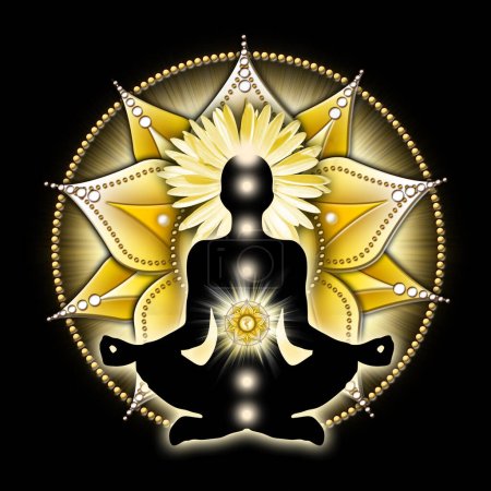 Solar plexus chakra meditation in yoga lotus pose, in front of Manipura chakra symbol and canna blossom and shoots. Peaceful decor for meditation and chakra energy healing.