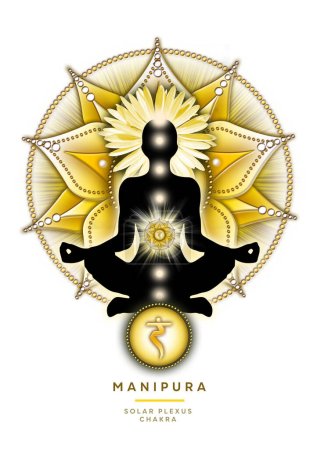 Méditation solaire de chakra de plexus dans la pose de lotus de yoga, devant le symbole de chakra de Manipura et la fleur et les pousses de canna. Décor paisible pour la méditation et la guérison énergétique du chakra.