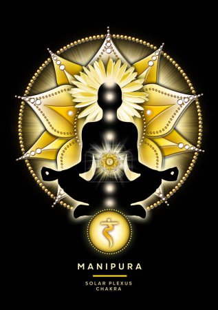 Foto de La meditación del chakra del plexo solar en la pose del loto del yoga, delante del símbolo del chakra de Manipura y de la flor y de los brotes del canna. Decoración pacífica para la meditación y la curación de la energía del chakra. - Imagen libre de derechos