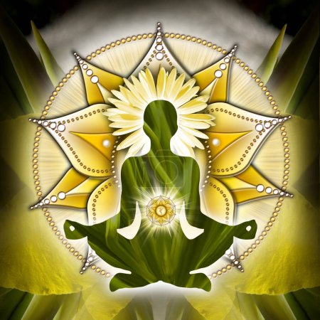 Photo for Solar plexus chakra meditation in yoga lotus pose, in front of Manipura chakra symbol and canna blossom and shoots. Peaceful decor for meditation and chakra energy healing. - Royalty Free Image