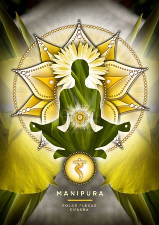 Photo for Solar plexus chakra meditation in yoga lotus pose, in front of Manipura chakra symbol and canna blossom and shoots. Peaceful decor for meditation and chakra energy healing. - Royalty Free Image