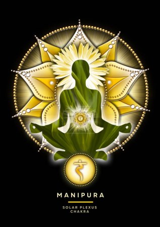 Foto de La meditación del chakra del plexo solar en la pose del loto del yoga, delante del símbolo del chakra de Manipura y de la flor y de los brotes del canna. Decoración pacífica para la meditación y la curación de la energía del chakra. - Imagen libre de derechos