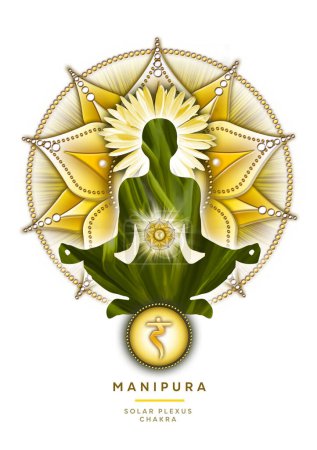 Solar plexus chakra meditation in yoga lotus pose, in front of Manipura chakra symbol and canna blossom and shoots. Peaceful decor for meditation and chakra energy healing.