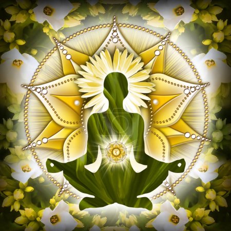 Solarplexus Chakra Meditation in Yoga Lotus Pose, vor Manipura Chakra Symbol und Canna Blüten und Triebe. Friedliches Dekor für Meditation und Chakra-Energieheilung.