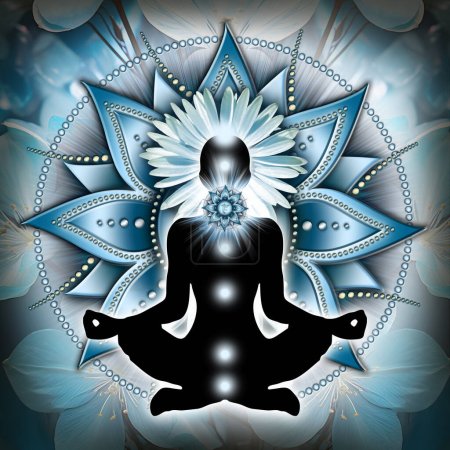Meditación del chakra de la garganta en la pose del loto del yoga, delante del símbolo del chakra de Vishuddha y pétalos místicos. Decoración pacífica para la meditación y la curación de la energía del chakra.