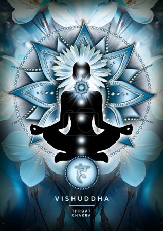Photo for Throat chakra meditation in yoga lotus pose, in front of Vishuddha chakra symbol and mystic petals. Peaceful decor for meditation and chakra energy healing. - Royalty Free Image