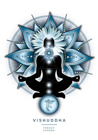 Kehlchakra-Meditation in Yoga-Lotus-Pose, vor Vishuddha-Chakra-Symbol und mystischen Blütenblättern. Friedliches Dekor für Meditation und Chakra-Energieheilung.