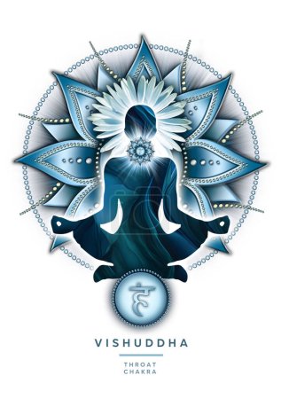 Kehlchakra-Meditation in Yoga-Lotus-Pose, vor Vishuddha-Chakra-Symbol und mystischen Blütenblättern. Friedliches Dekor für Meditation und Chakra-Energieheilung.
