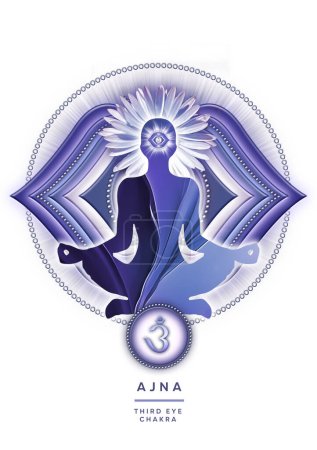 Third Eye meditation in yoga lotus pose, in front of Ajna chakra symbol. Peaceful decor for meditation and chakra energy healing.