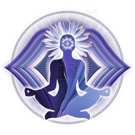 Meditación del Tercer Ojo en postura de loto de yoga, frente al símbolo Ajna chakra. Decoración pacífica para la meditación y la curación de la energía del chakra.