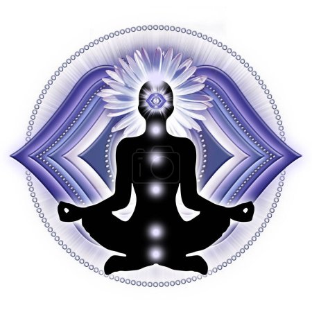 Téléchargez les photos : Troisième méditation des yeux dans la pose de lotus de yoga, en face du symbole de chakra Ajna. Décor paisible pour la méditation et la guérison énergétique du chakra. - en image libre de droit