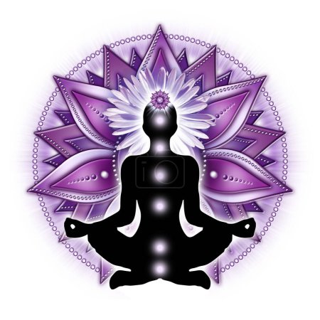 Meditación del chakra corona en postura de loto de yoga, frente al símbolo del chakra Sahasrara. Decoración de apoyo para practicantes de kinesiología, terapeutas de masaje, curanderos de energía de reiki y chakra, estudios de yoga, etc..