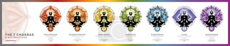 Conjunto de 7 símbolos Chakras. (Coronas / Sahasrara, Tercer Ojo / Ajna, Garganta / Vishuddha, Corazón- / Anahata, Plexo Solar- / Manipura, Sacral- / Svadhisthana, Raíz / Muladhara Chakra)