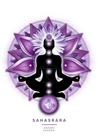 Photo for Crown chakra meditation in yoga lotus pose, in front of Sahasrara chakra symbol. A wonderful source of inspiration especially for kinesiology practitioners, massage therapists, reiki and chakra energy healers, yoga studios or your meditation space. - Royalty Free Image