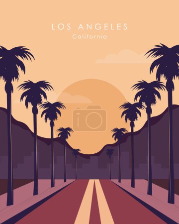  Cartel de viaje. Los Ángeles, California, EE.UU. Diseño para postal, banner, póster, sitio web.