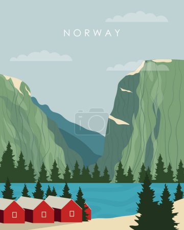  Cartel de viaje. Fiordos de Noruega, casas tradicionales, bosque, estilo escandinavo. Diseño para carteles, banners, postales, sitios web.