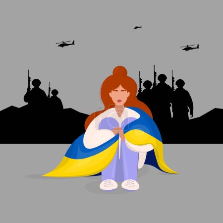 Illustration for People in the occupied territories in Ukraine are waiting for victory in the war. Girl with the Ukrainian flag. - Royalty Free Image