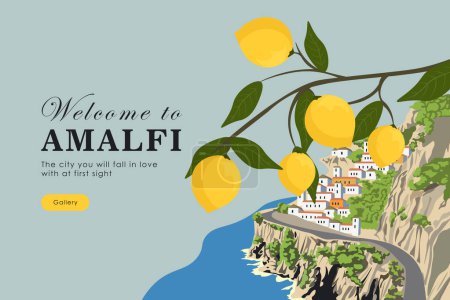  Ilustración vectorial. Diseño web por Amalfi, Italia. Sitio web de viajes, landing page.